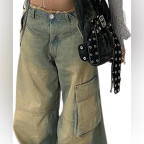 Multi-Pocket Jeans Washed Cargo Pants Mid Waist Jeans Casual Wide Leg Long - Picture 1 of 2